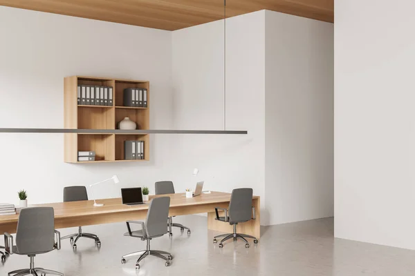White conference interior with work table and armchairs, side view light concrete floor. Minimalist shelf with documents and decoration. 3D rendering