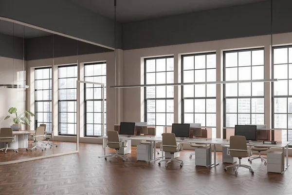 Corner View Bright Office Room Interior Computers Desks Armchairs Panoramic — 图库照片