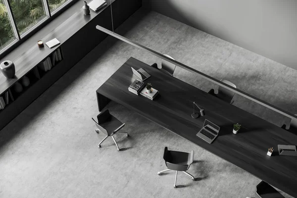 Top View Dark Conference Interior Work Table Laptop Chairs Grey — Stok fotoğraf