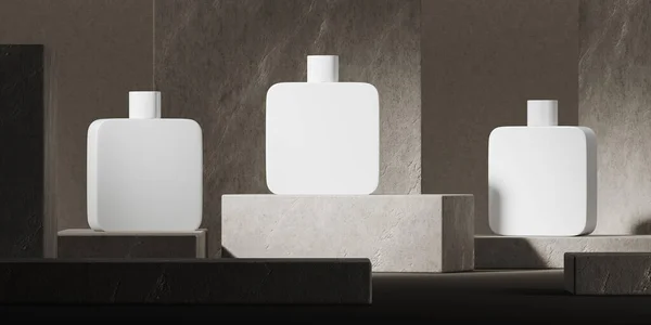 Three Blank Flacons Standing Stone Platform Grey Concrete Background Concept — Stockfoto