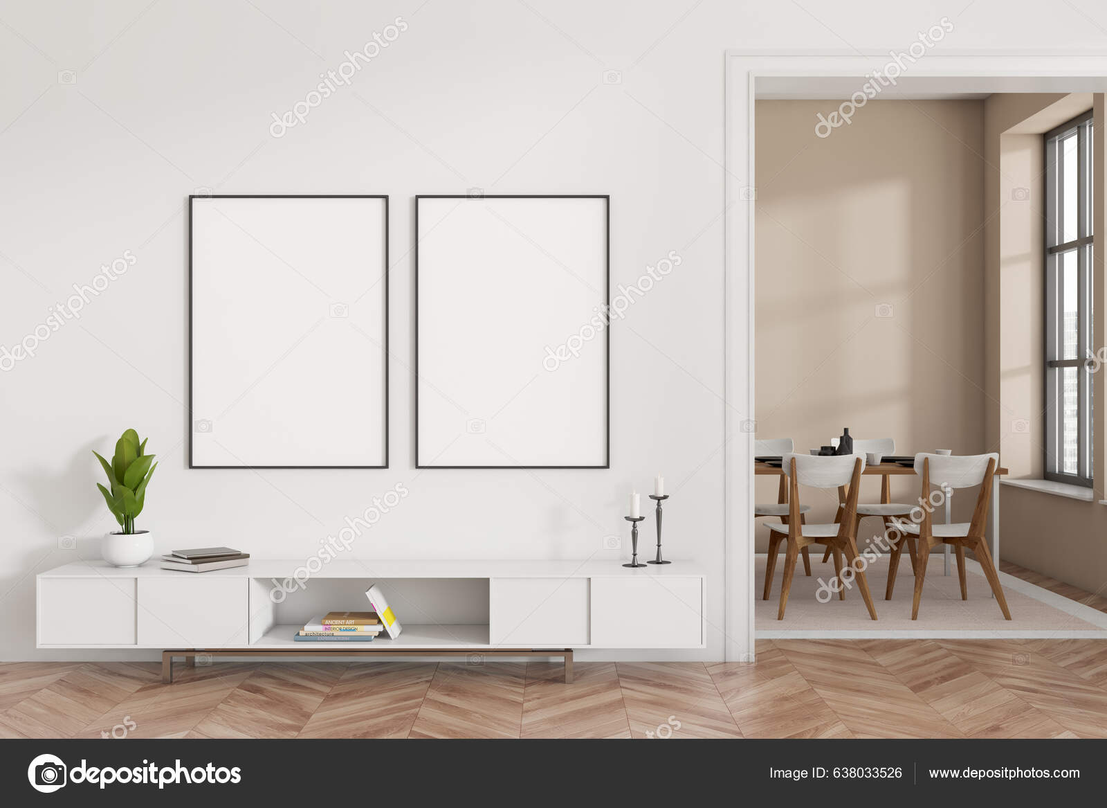 White Living Room Interior Nightstand Decoration Dining Table Chairs