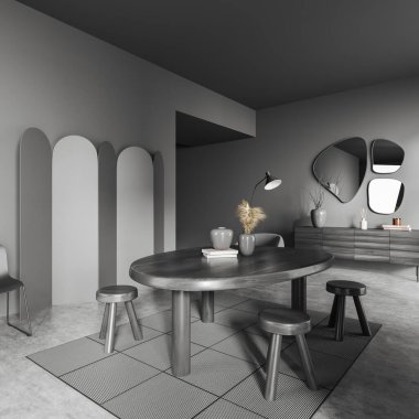 İçi siyah ahşap sandalyeli, masalı, süslemeli büfe, gri beton zeminde halı olan karanlık bir oturma odası. 3B görüntüleme