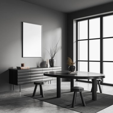 Gri oturma odası içinde tabure ve yemek masası, yan görüş, panoramik pencere. Mobilyalı yemek odası ve dekorasyonlu şifonyer. Duvara afiş asın. 3B görüntüleme