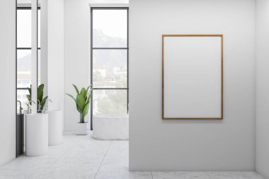 Parlak banyo manzarası, içi boş beyaz poster, küvet, panoramik pencere, şehir manzaralı ayna, yansıma, lavabo, ev bitkisi, beyaz duvarlar. Model yap. 3d oluşturma