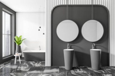 Karanlık banyonun içini küvetli ön manzara, panoramik pencere şehir gökdelenleri manzaralı, yansımalı yuvarlak ayna, lavabo, ev bitkisi, beyaz ve gri duvarlar. 3d oluşturma