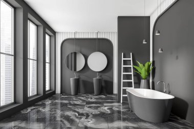 Küvetli karanlık banyo ve aynalı çift lavabo. Havlu merdiveni ve bitki. Singapur şehir manzaralı panoramik pencere, mermer döşeme. 3B görüntüleme