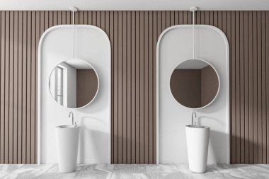 Çift lavabolu, yuvarlak aynalı, parlak mermer zeminli beyaz banyo. Otel dairesinde şık bir lavabo. 3B görüntüleme