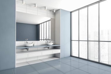 Modern banyo, çift lavabo ve ayna, yan görüş, şehir manzaralı panoramik pencere. Güvertede banyo aksesuarları, mavi fayans zemin. 3B görüntüleme