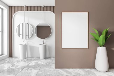 Bej banyo içi, pencerenin yanında çift lavabo, köşesinde bitki. Şık bir otel dairesi. Tuvalin posterini hazırla. 3B görüntüleme