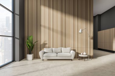 Şık bir iç mekan kanepe ve bej beton zeminde kahve masası New York manzaralı panoramik pencere. Boşluğu kopyala boş ahşap duvar, 3B görüntüleme