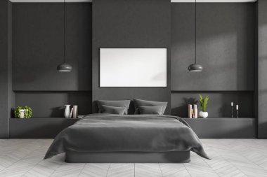 Şık bir yatak odası iç mimarisi, kitaplar ve dekorasyonla dolu gri bir yatak, ön manzara, parke döşeme. Model uzay posteri. 3B görüntüleme