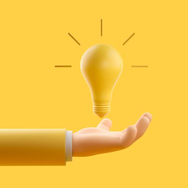 Çizgi filmlerdeki gibi sarı arka planda parlayan ampulü tut. Fikir kavramı, plan ve başlangıç. 3B görüntüleme