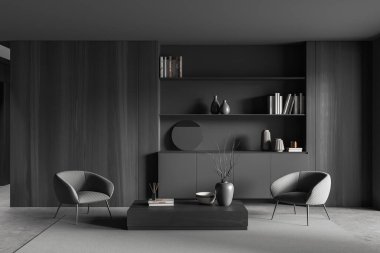 İki koltuk, kahve masası, kitaplı raflar, çanak çömlek, ahşap duvar, halı, beton zemin. Minimalist tasarım kavramı. 3d oluşturma