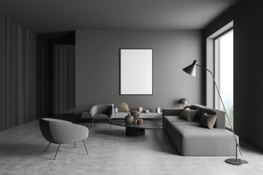 İçi koyu renk oturma odası, iki koltuk ve kanepe, gri beton zeminde sanat süslemeleri olan kahve masası. Kırsal kesimde panoramik pencere. Boş bir poster hazırla. 3B görüntüleme