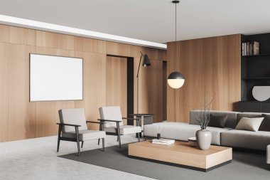 Parlak oturma odasının içi boş beyaz poster, kanepe, iki koltuk, sehpa, raflar, ahşap duvar, halı, beton zemin. Minimalist tasarım kavramı. Model yap. 3d oluşturma