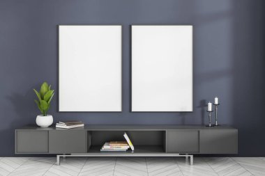 Uzun çekmeceleri, sanat dekorasyonu, kitapları ve mumu olan şık bir galeri. Beyaz ahşap zeminde minimalist komodin. Mavi duvarda iki tane poster var. 3B görüntüleme