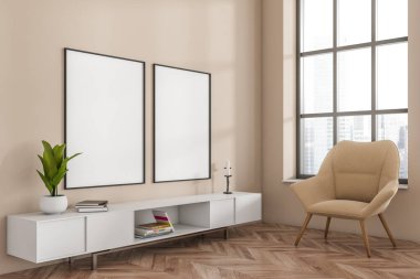 Bej oturma odası iç mekan, koltuk ve büfe, yan görüş, sanat dekorasyonu. Şehir manzarasında panoramik pencere, parke zemin. İki tane boş poster. 3B görüntüleme