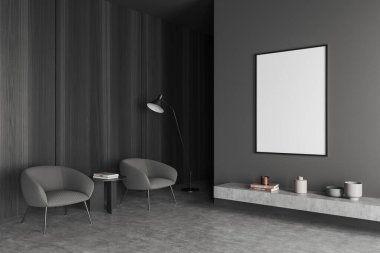 Karanlık oturma odasının iç tarafında boş beyaz poster, iki koltuk, çanak çömlekli raf, beton zemin. Buluşma yeri kavramı. Model yap. 3d oluşturma