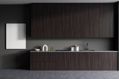Karanlık mutfak odasının önü boş beyaz poster, dolap, gri duvar, lavabo, tabaklar, gaz ocağı, yağ, beton zemin. Minimalist tasarım kavramı. Model yap. 3d oluşturma