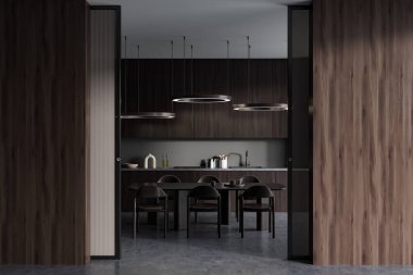 Karanlık mutfak odasının önü. İçinde sandalyeler, kapı, dolap, gri duvar, lavabo, lambalar, lambalar, yağ, beton zemin olan yemek masası. Minimalist tasarım kavramı. 3d oluşturma