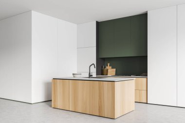 Mutfağın içi ve adası lavabo, soba ve mutfak gereçleriyle dolu. Güvertede aletler, yan görüş, hafif beton zeminde raflar. 3B görüntüleme