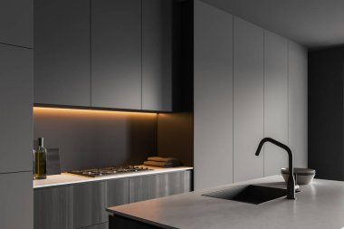 Karanlık mutfak, bar adası, yan görüş, lavabo ve soba. Mutfak eşyaları ve tabaklar güvertede. 3B görüntüleme