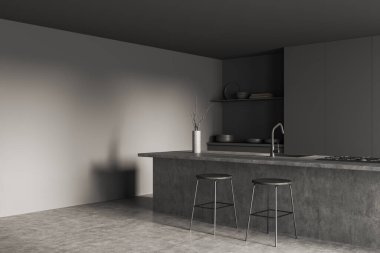 Bar sandalyeleri ve lavabosu ve ocağı olan karanlık mutfak, yan görüş, gri beton zemin. Modern yemek alanı. Model boş duvar. 3B görüntüleme