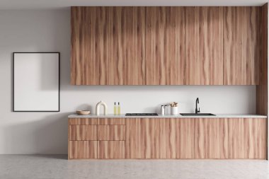 Parlak mutfak odasının önü boş beyaz poster, dolap, beyaz duvar, lavabo, tabaklar, gaz ocağı, yağ, beton zemin. Minimalist tasarım kavramı. Model yap. 3d oluşturma