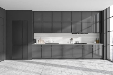 Buzdolabı ve güverteli karanlık mutfak, mutfak gereçleri, ön manzara, beyaz ahşap zemin. Şehir manzarasında panoramik pencere. 3B görüntüleme