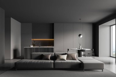 İçi karanlık mutfak, oturma odası, kanepe ve tezgahlı sandalyeler, ön manzara. Kırsal kesimde panoramik pencere. Açık uzay mutfak tavanarası, 3D görüntüleme