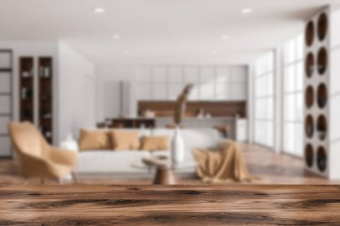 Parlak stüdyo odasının önü, reklam için iyi bir görüntü, bar taburesi, kanepe, dolap, beyaz duvar, lavabo, ahşap zemin. Minimalist tasarım kavramı. 3d oluşturma