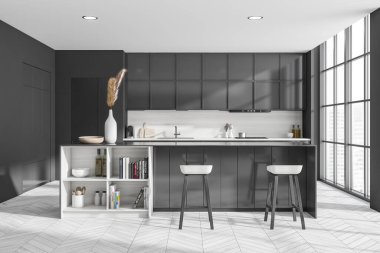 Bar sandalyeleri ve tezgahı olan karanlık bir mutfak, beyaz ahşap zemin. Mutfak eşyaları süslemeli rafta. Şehir manzaralı panoramik pencereli yemek pişirme alanı. 3B görüntüleme