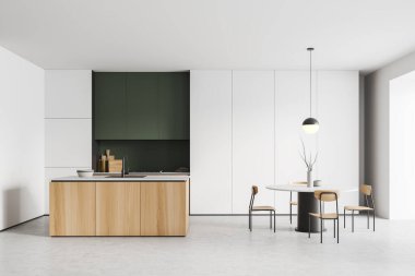 Beyaz mutfak içi ve bar adası, yemek masası ve sandalyeler. Güverte mutfak malzemeleri, raflar ve aydınlık beton zeminde aletler. 3B görüntüleme