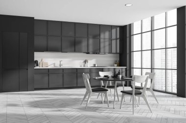 Koyu renk mutfak odasının iç tarafında sandalyeler, panoramik pencere, dolap, buzdolabı, gri duvar, lavabo, meşe ahşap zemin. Minimalist tasarım kavramı. 3d oluşturma