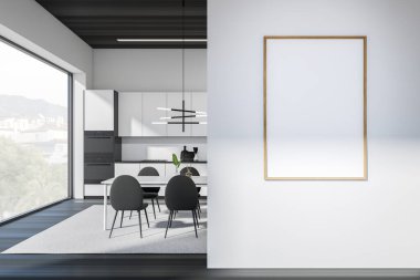 Karanlık mutfak odasının önü boş beyaz poster, sandalyeli yemek masası, panoramik pencere, dolap, yeşil duvar, ahşap zemin. Minimalist tasarım kavramı. Model yap. 3d oluşturma
