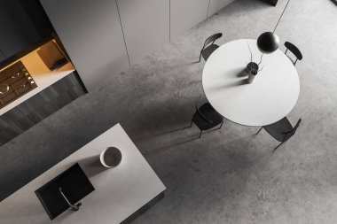 Karanlık mutfak manzarası ve lavabosu, yemek masası ve sandalyeleri olan bar adası. Güvertede aletler, gri beton zeminde raflar. 3B görüntüleme