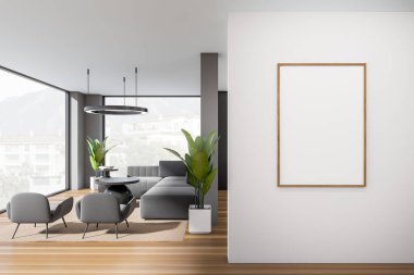 Karanlık oturma odasının içini boş beyaz poster, panoramik pencere, kanepe, koltuk, gri duvar, meşe ahşap zemin. Minimalist tasarım kavramı. Model yap. 3d oluşturma
