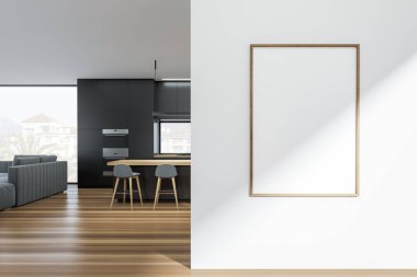 Bar sandalyeleri ve tezgahı olan modern mutfak, kırsal alandaki panoramik pencerenin yanındaki kanepe. Stüdyo dairede yemek yiyip rahatlamak. Tuvalin maketi posteri. 3B görüntüleme