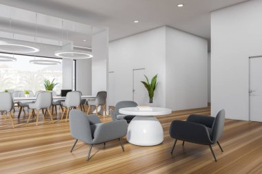 Beyaz ofis salonu, dinlenme odası ve çalışma alanı var. Koltuklar ve parke zeminde kitaplar olan kahve masası, yan görüş. Kırsal kesimde panoramik pencere. 3B görüntüleme