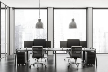 Çalışma odasının içinde koltuklar ve bilgisayar var. Masada gri beton zemin var. Singapur şehir manzarasında panoramik pencere ile birlikte çalışmak. 3B görüntüleme