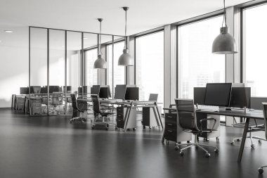 Çalışma odasının içinde koltuklar ve bilgisayarlı masa, yan görüş, gri beton zemin. Singapur şehir manzarasında panoramik pencere ile birlikte açık alan çalışması. 3B görüntüleme