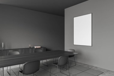 İçi sandalye ve masa dolu karanlık toplantı odası, yan görüş, sanat dekorasyonlu dolap, gri beton zeminde halı. Boş bir poster hazırla. 3B görüntüleme