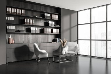 Ofis içi koltuklar ve dizüstü bilgisayarlar sehpada, yan manzara, gri beton zemin. Minimalist rahatlama yeri büfesi olan, panoramik pencereli şehir manzaralı. 3B görüntüleme