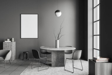 İçinde sandalyeler ve gri beton zeminde masa olan karanlık bir yemek odası. Panoramik pencerenin yanında sanat dekorasyonuyla dur. Model poster. 3B görüntüleme