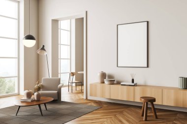 Oturma odasının içinde koltuk ve şifonyer, yan görüş, ahşap zemin. Kırsal kesimde panoramik pencere. Boş bir poster hazırla. 3B görüntüleme