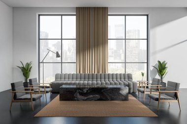 Modern oturma odasının içinde kanepe, halı sehpası ve gri beton zemin var. New York manzaralı panoramik pencere. Dairede modern soğuk bölge. 3B görüntüleme