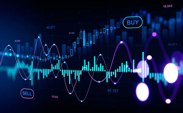 Stock market diagrams, hologram with lines and candlesticks, buy and sell. Colorful chart with dynamic changes. Concept of forex. 3D rendering
