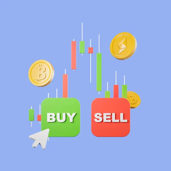 金融图上 股票市场上的烛台用数字货币 用蓝色背景的光标买卖按钮 贸易和加密货币的概念 3D渲染 — 图库照片
