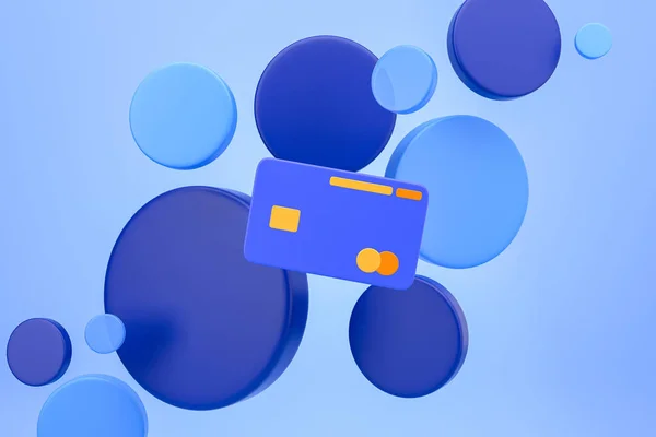 Cartoon credit card on light blue background, abstract decoration. Concept of cashback and money transfer, transaction. 3D rendering