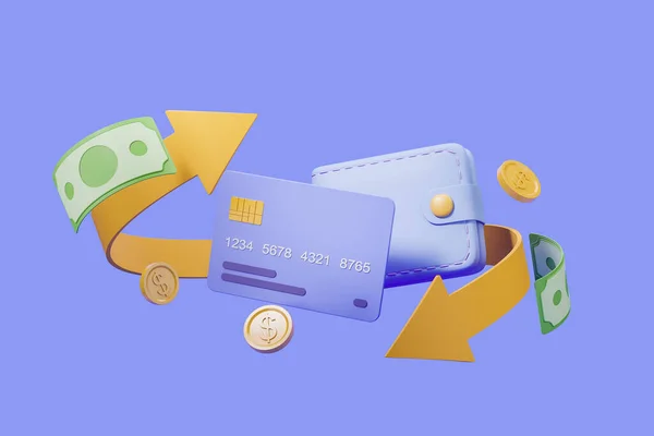 Banknotlar Nakit Para Mavi Arka Planda Kredi Kartı Cüzdanı Olan — Stok fotoğraf
